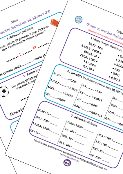 Fiche exercices diviser nombre décimal par 10, 100 ou 1000 CM1 - CM2 à imprimer en pdf