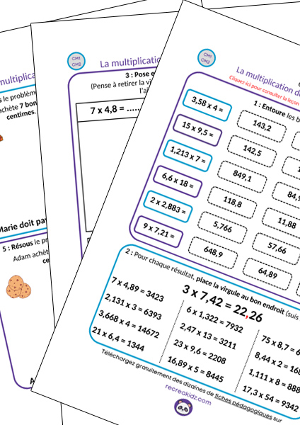 Fiche exercices multiplier nombres décimaux CM1 - CM2 à imprimer en pdf