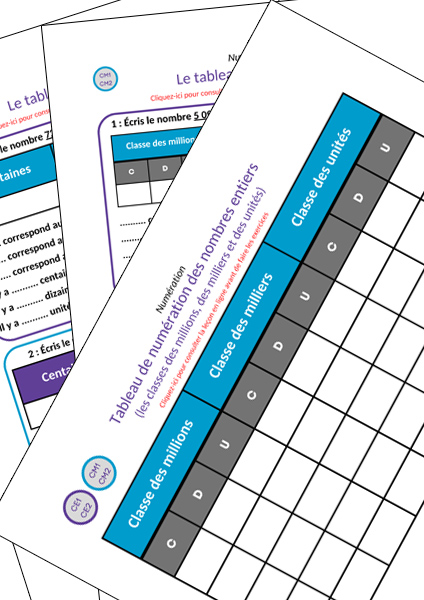 Fiche exercices tableau de numération nombres entiers CE1 - CE2 - CM1 - CM2 à imprimer en pdf